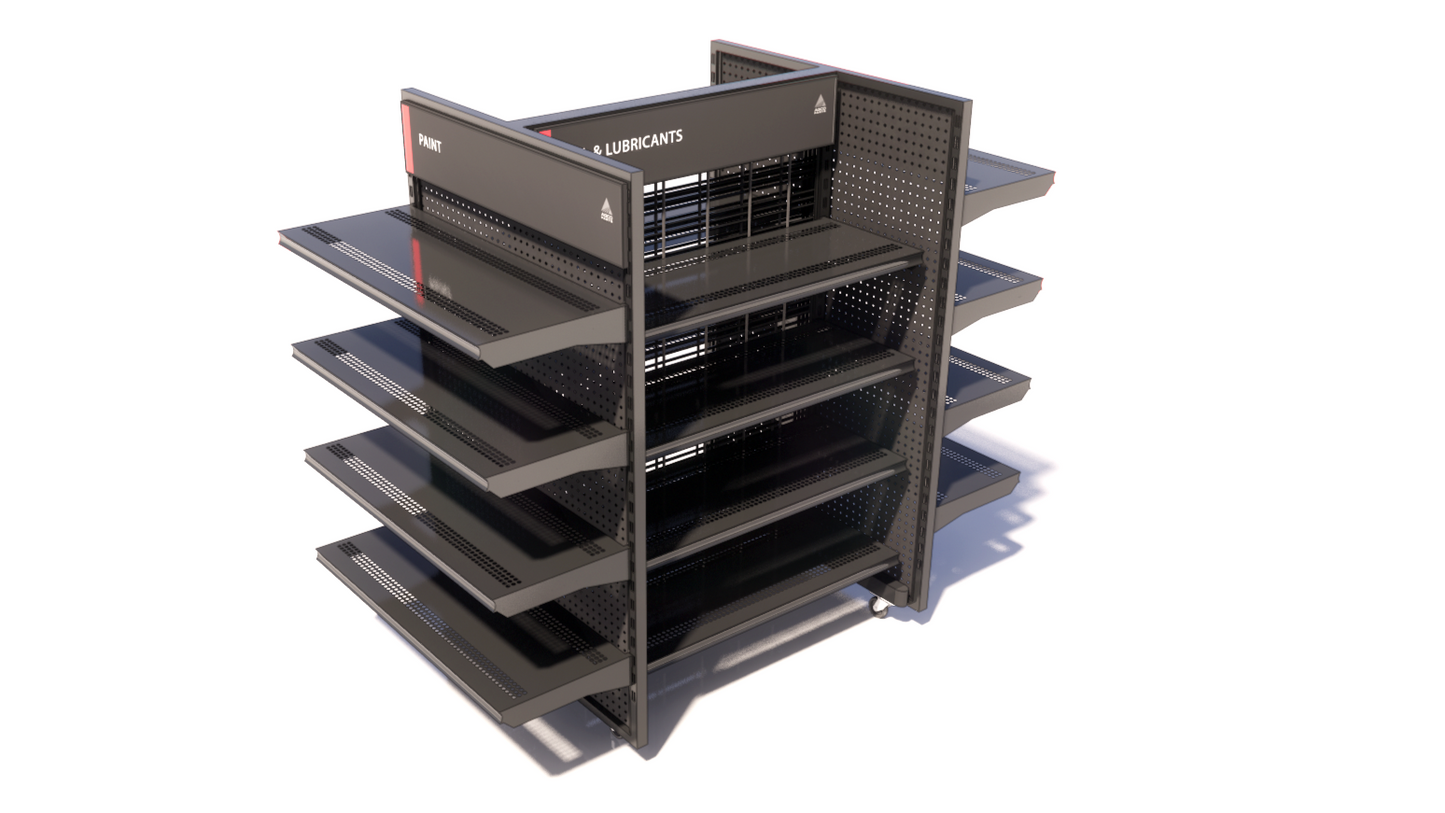 This fixture is a Lozier Showroom shelving unit designed for a Caterpillar or AGCO or Fendt or Massey dealership.