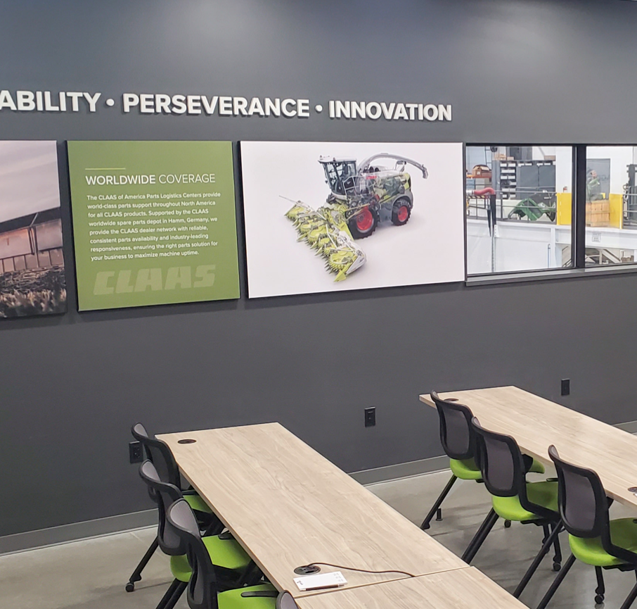 CLAAS branded modern training room with Silicon Edge Graphics