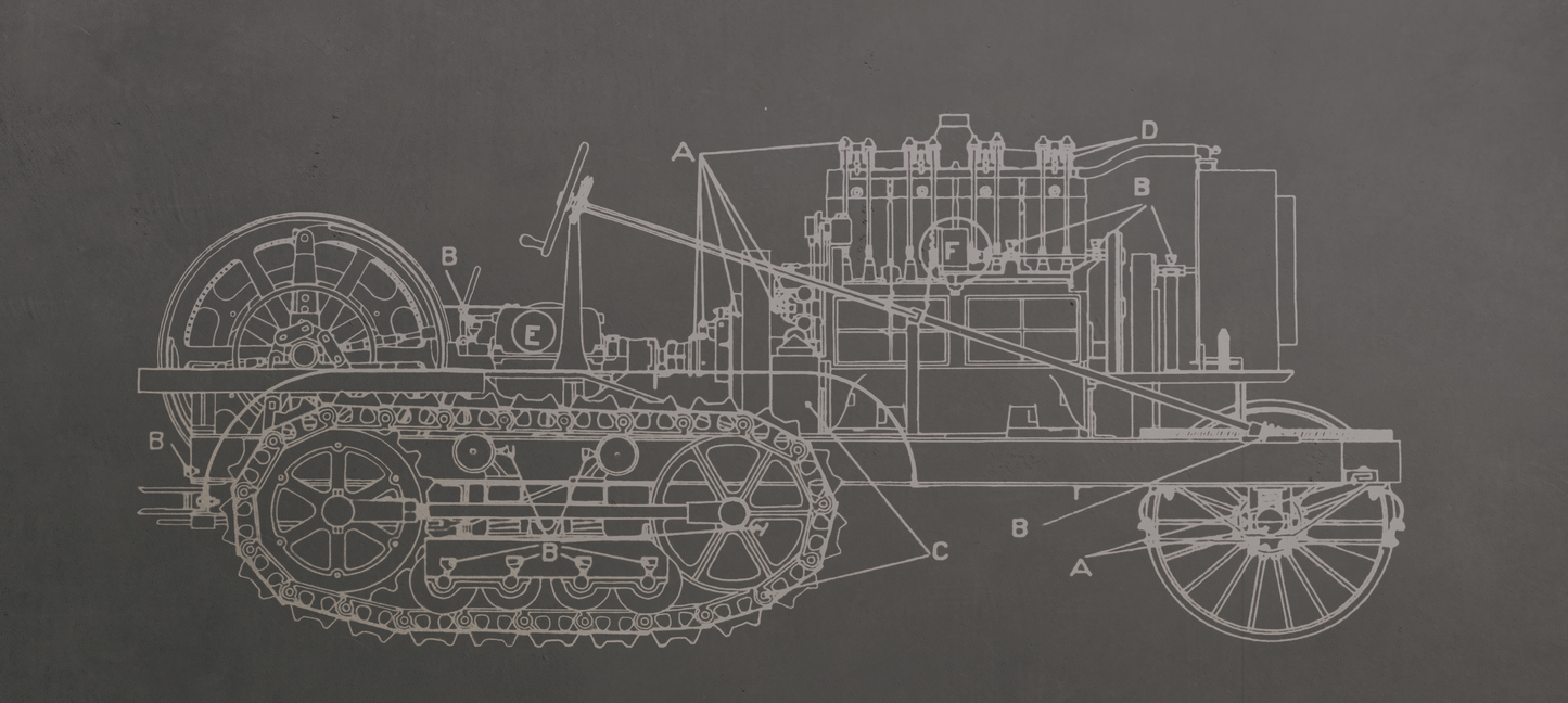 Technical drawing of a tracked vehicle on a dark background