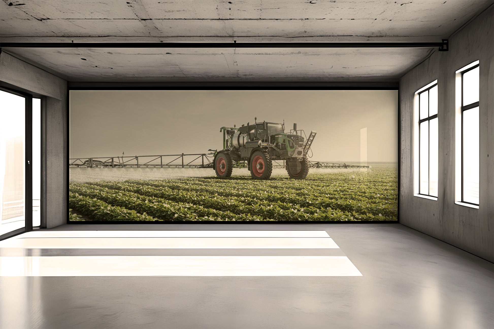 Modern room with a large screen displaying an image of a tractor in a field.
