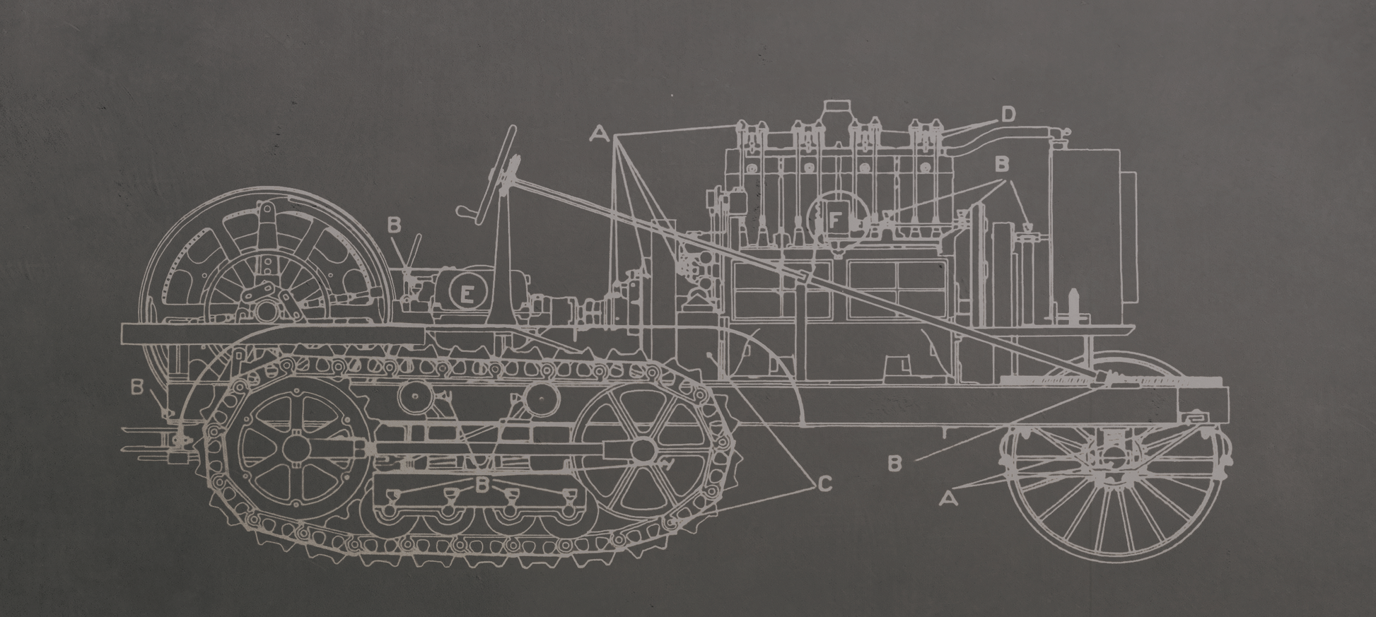 Technical drawing of a tracked vehicle on a dark background