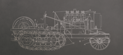 Technical drawing of a tracked vehicle on a dark background