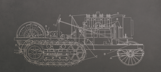 Technical drawing of a tracked vehicle on a dark background